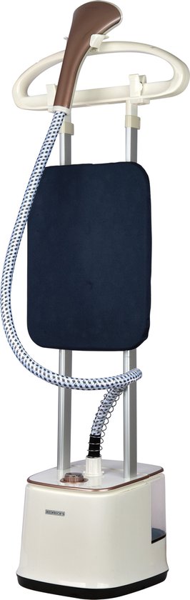 Een witte textielstomer met koperkleurige details, kledinghanger en donkerblauw stoomdoek.