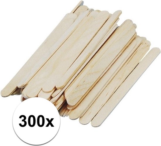 Stapel houten ijsstokjes, 300 stuks, natuurlijke houtkleur. Afmeting 5.5 x 0.6 cm.