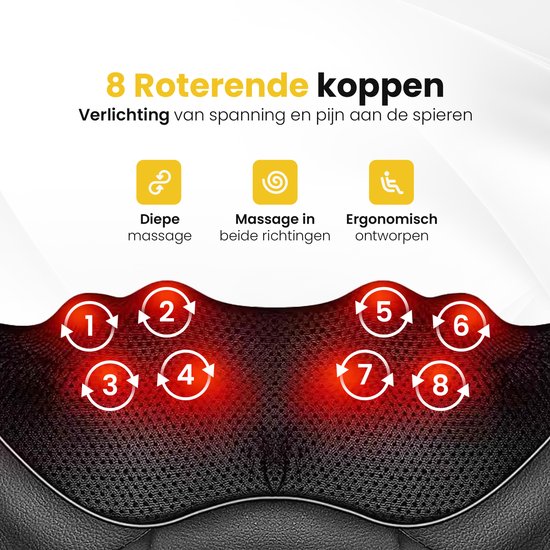 Illustratie van het nekmassageapparaat met 8 rode, genummerde draaiende koppen, diepe massage, massage in twee richtingen en ergonomisch ontwerp.