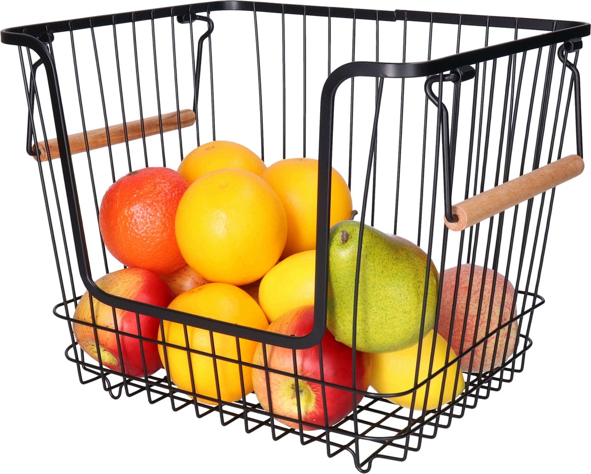 5Five Draadmand/opbergmand met handvat - stapelbaar - zwart - 33 x 26 x 26 cm