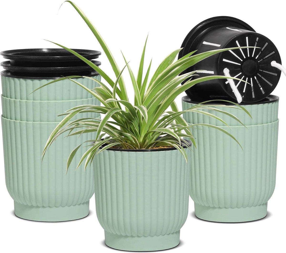 12 cm kunststof zelfwatergevende bloempot met lont plantenpottenset voor orchideeënpot kruidenpot basilicumpot hydrocultuurpot bloempot voor binnen met bewateringssysteem groen set van 6