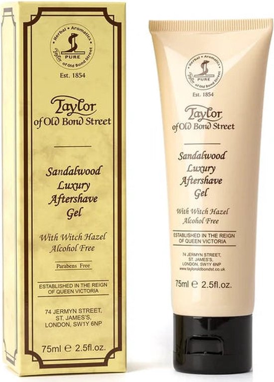 Taylor of Old Bond Street Sandalwood Luxury Aftershave Gel, alcoholvrij, parabenen vrij, 75ml, met doos.