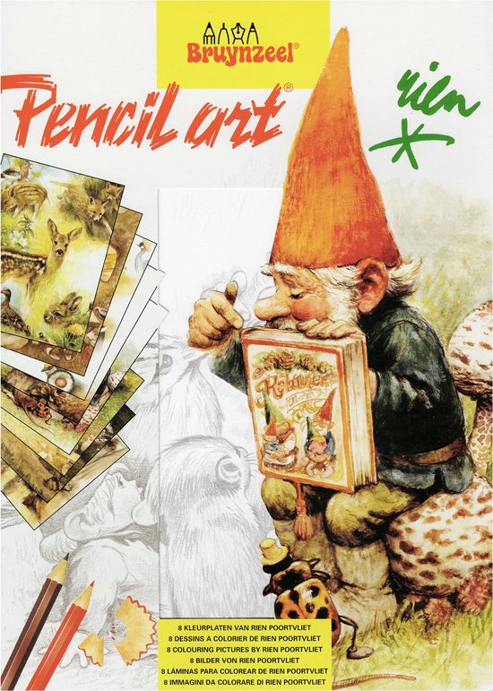 Bruynzeel Pencil Art verpakking met een kabouter die een boek vasthoudt, omringd door paddenstoelen, en een close-up van een kabouter op een paddenstoel met een fluit.