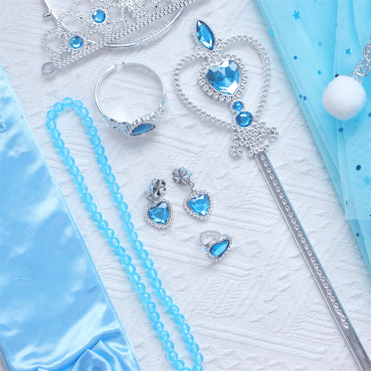 Joya Kids® Verkleedcape met Accessoires Licht Blauw | Prinsessencape | Cape Set | Unicorn | Meisje Verkleedset | Carnvalskleding Meisjes | Met Kroon, Staf, Handschoenen en Sieradenset — afbeelding 15