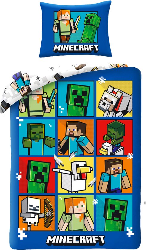 Dekbedovertrek en kussensloop met Minecraft-personages op een blauwe achtergrond. Logo "MINECRAFT" onderaan.