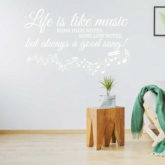 Sticker mural avec le texte 'Life is like music, some high notes, some low notes, but always a good song!' en lettres décoratives blanches, avec des notes de musique.