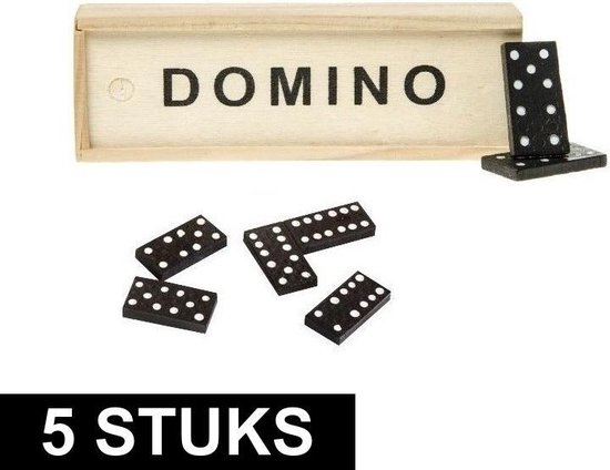 Afbeelding van het spel 5x Domino spel in houten kistje - 15 x 5 x 3 cm - 28 dominostenen