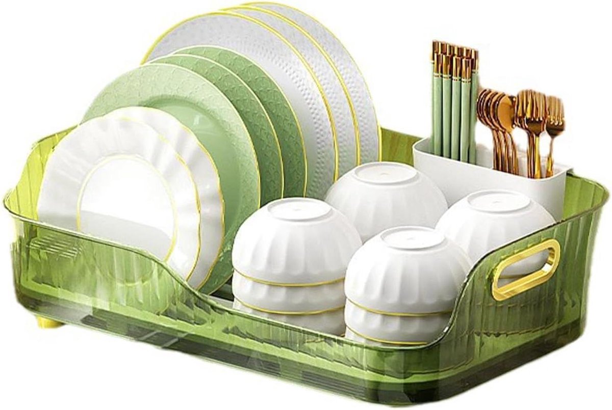 Goedkoopste Afdruiprek met bak en bestekhouder, hittebestendig en antislip, 42,5 x 26,5 x 13 cm, groen