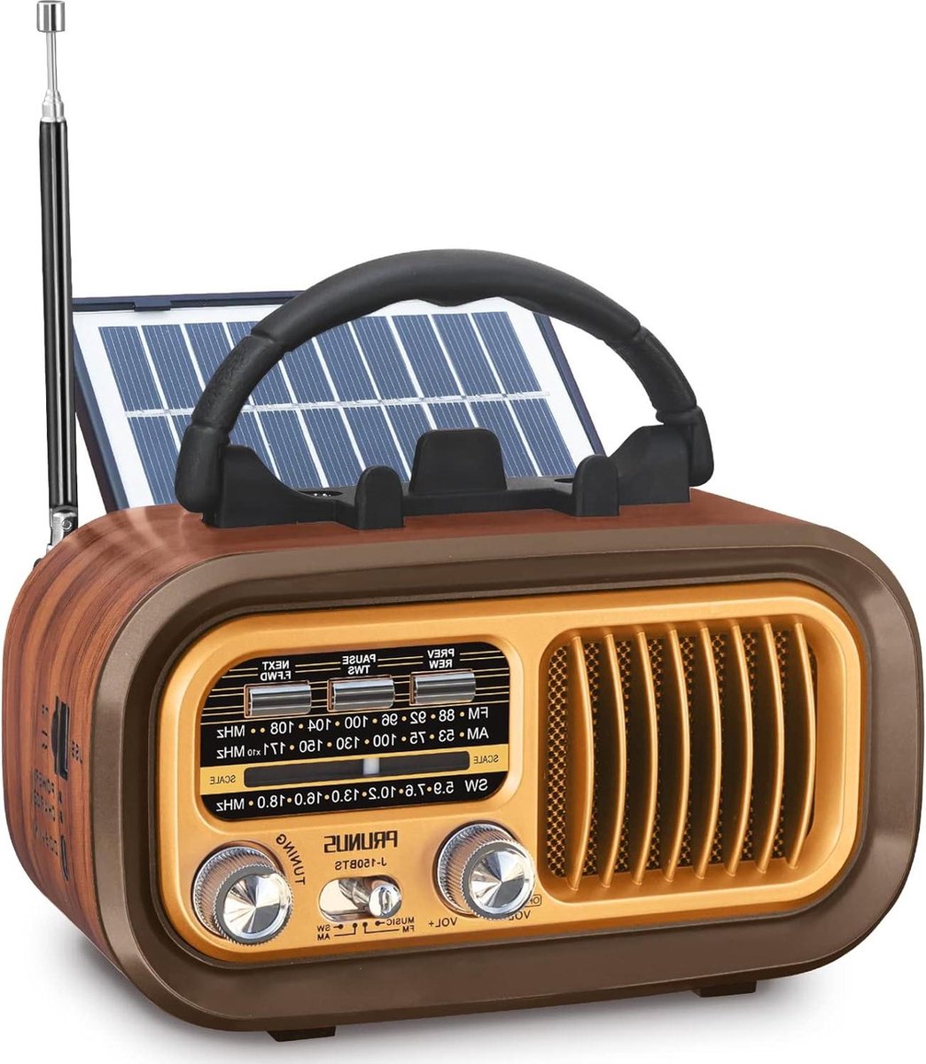 Oplaadbare Draagbare Radio met 1200mAh Batterij en D Cellen - Vintage Bluetooth Radio - Zonnepaneel USB/TF Compatibel