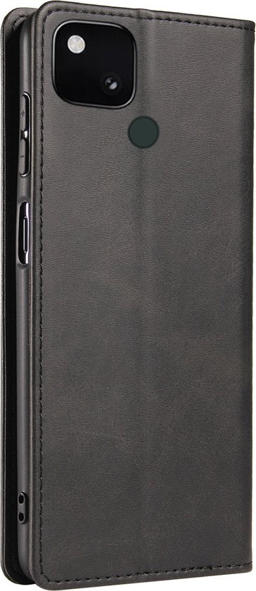 Zwart kunstleren telefoonhoesje, zijaanzicht, gesloten.