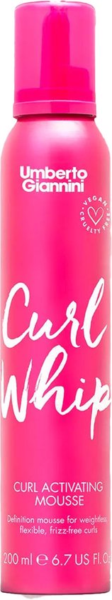 Aérosol rose Umberto Giannini Curl Whip Curl Activating Mousse, lettrage blanc.
