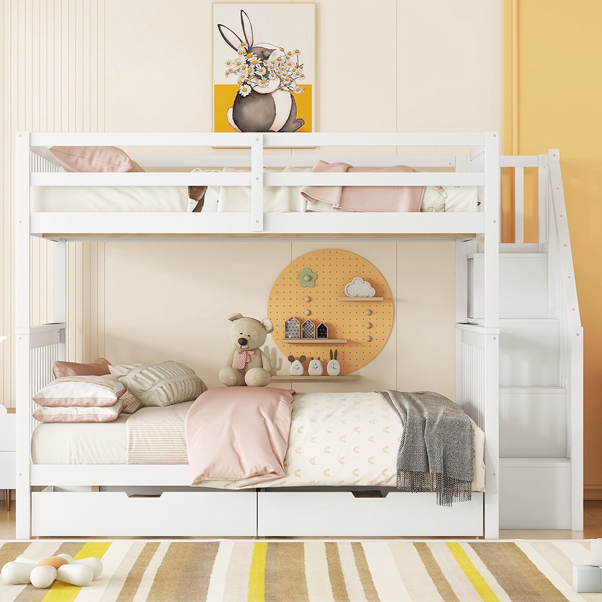 KOMHTOM Stapelbed Kinderbed 140x200 cm met trap en twee laden met hoge leuningen wit