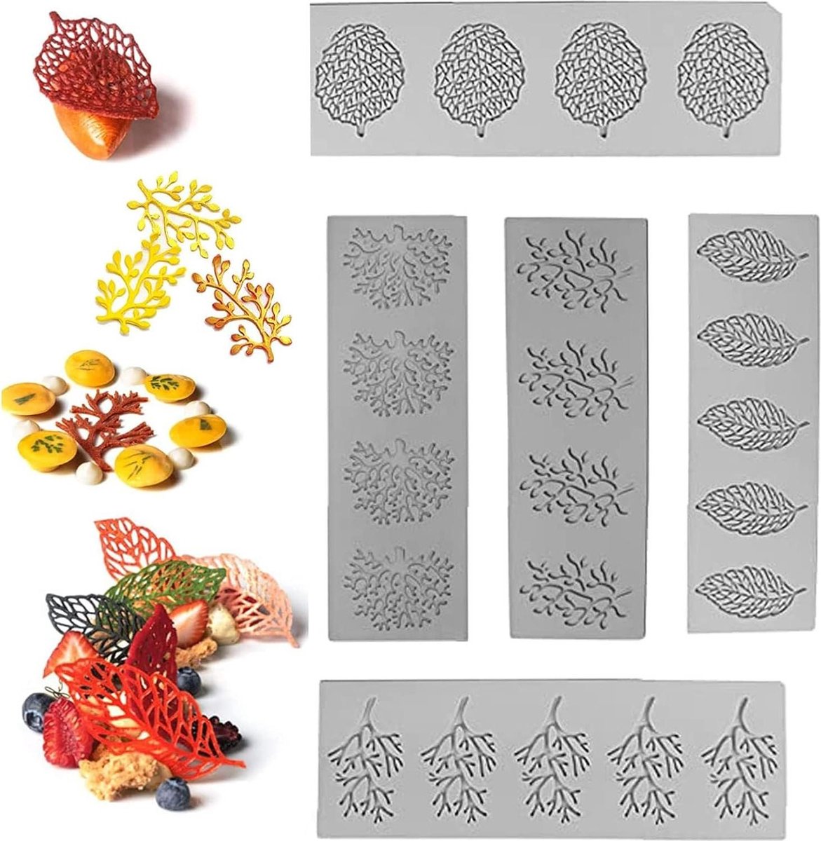 5 stuks vellen doe-het-zelf siliconen taartvorm voor taartrand decoratie 3D holle bladeren snoepvorm suikerpasta chocolade fondant boter zeep (vorm A)