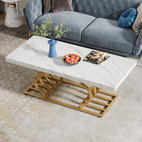 Tribesigns Salontafels Modern - Salontafel met Geometrisch Frame - Bijzettafel Goud - Tafel - Sidetable - Nep-Marmer - 120 x 50 x 50 cm