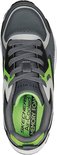 Grijze Skechers sneaker met limegroene accenten, zwarte veters en 'Air-Cooled Memory Foam' op de binnenzool.