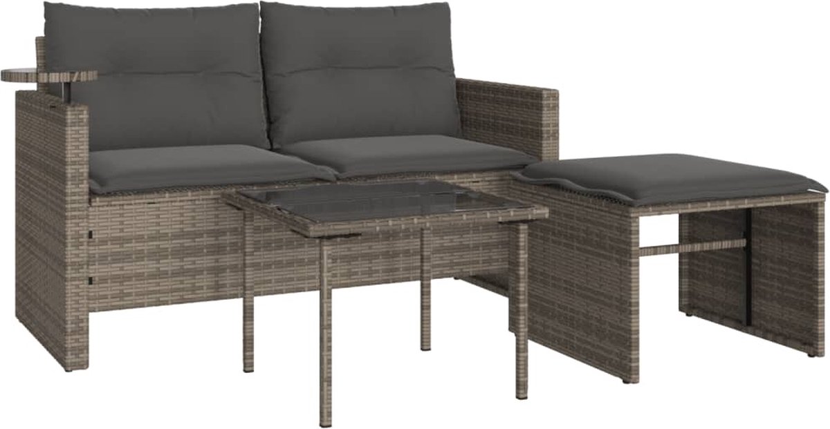 vidaXL 3-delige - Loungeset - met - kussens - poly - rattan - grijs