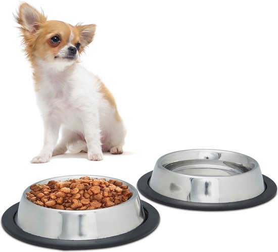 SUOXU Dikke roestvrijstalen hondenvoerbak, 2 stuks voerbakken met antislip siliconen basis, voer voor middelgrote en kleine honden, waterkommen voor middelgrote en kleine honden (M-17CM