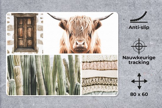 Muismat XXL 80x60 cm - Bureau onderlegger - Bureau mat Schotse hooglander - Cactus - Hout - Bureaumat - Gaming mousepad xl - Bureaulegger groot - Computer deskmat