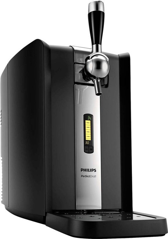 Zwart Philips PerfectDraft thuistap met een zilverkleurig frontpaneel en temperatuurdisplay.