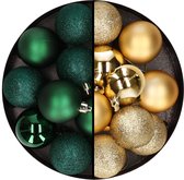 24x stuks kunststof kerstballen mix van donkergroen en goud 6 cm - Kerstversiering