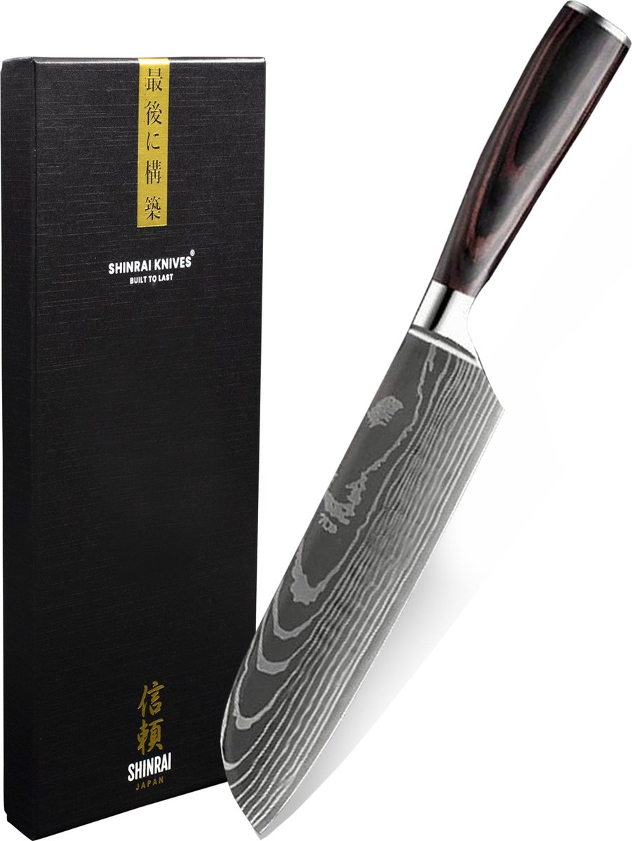 Shinrai Knives - Santokumes 18 cm - Koksmes - Damascus Mes - Damascus Print - Met Luxe Geschenkdoos - Keukenmes - Japans Koksmes