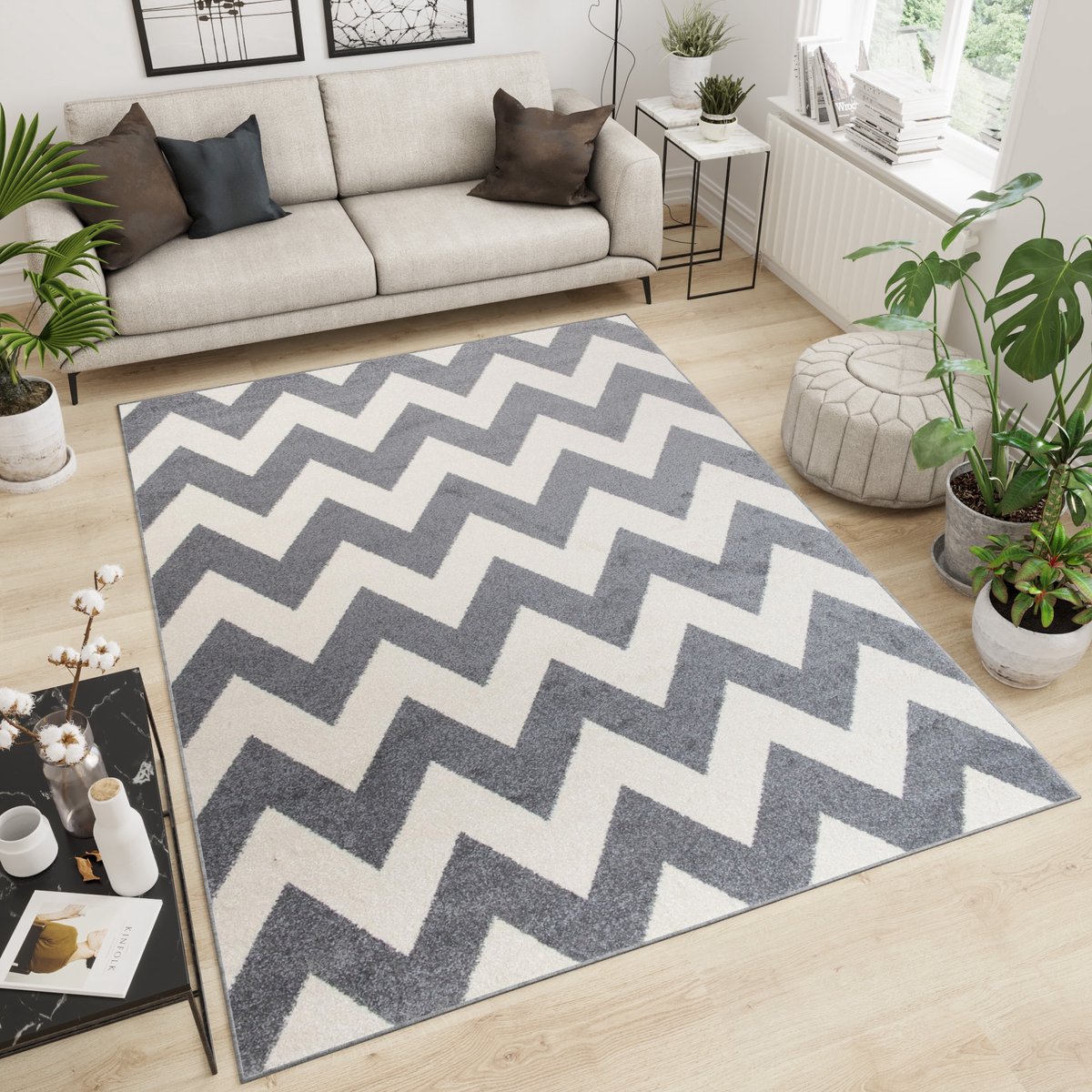 Tapiso Maroko Vloerkleed Woonkamer Zigzag Karpet Maat- 140x190 Lichtgrijs 2