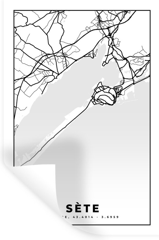 Stickers Stickers muraux - Carte - Sète - Carte - France - Plan de ville - Zwart et blanc - 40x60 cm - Film adhésif