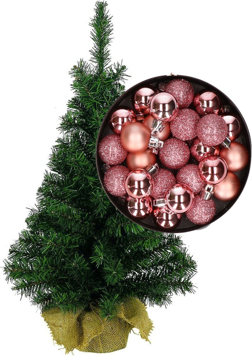 Mini kerstboom/kunst kerstboom H35 cm inclusief kerstballen roze - Kerstversiering