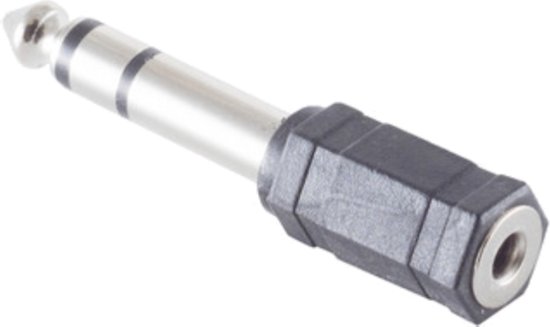 Zilverkleurige 6,35mm jack plug met zwarte ringen, aan een zwarte zeskantige 3,5mm jack huls.