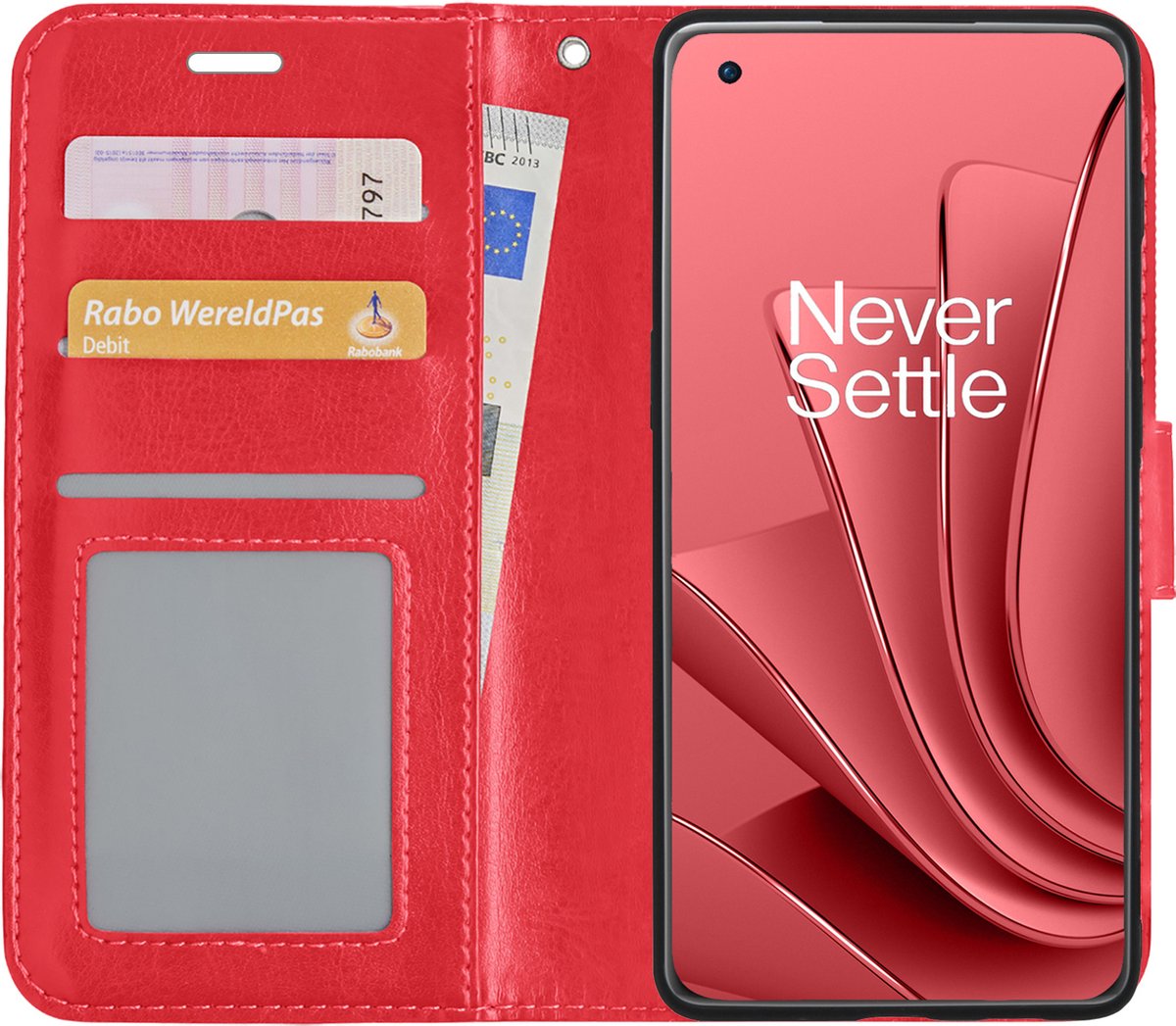 Hoesje - Met Pasjeshouder - Geschikt voor OnePlus 10 Pro - Luxe Bookcase Portemonee - Flip Case - Kunstleer Book Case - Flipcase - Book Cover - Walletcase - Portemonneehoes - Rood