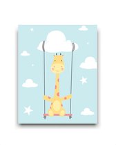 Schilderij  Giraffe op de schommel met wolkje / Dieren / 50x40cm