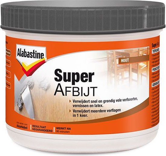 Alabastine Super Afbijt pot met oranje label en houten meubels in de achtergrond. Verwijdert verf.