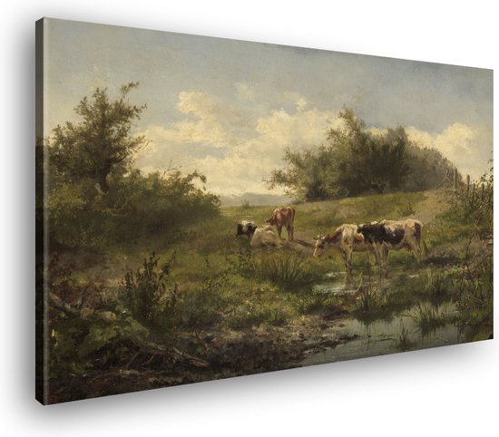 Canvas Schilderij Koeien Bij Een Plas | 100 x 70 cm | Wanddecoratie
