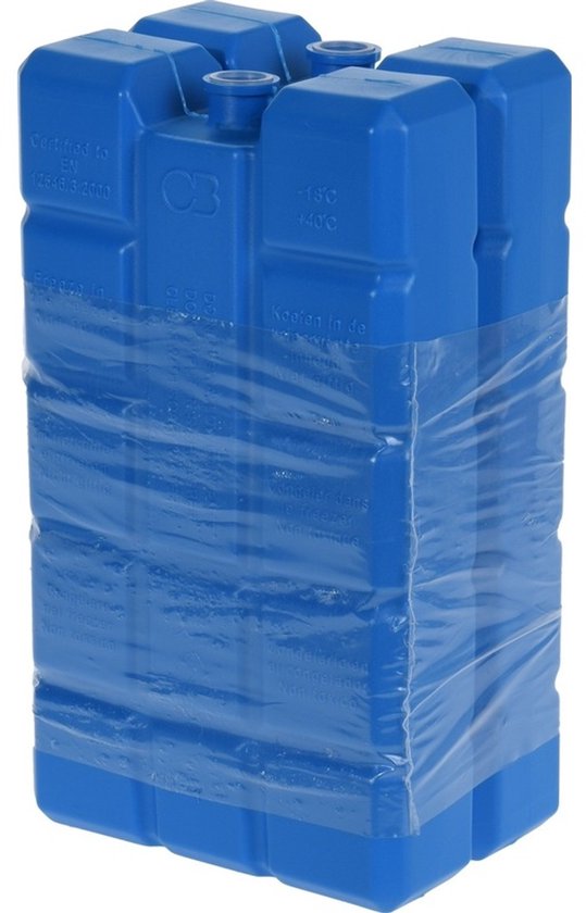 Blauw koelblok van kunststof met 4 vakken, verpakt in plastic folie. Tekst: Certified to EN 12546/3:2000, -18°C, +40°C.