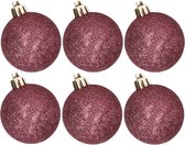 6x stuks kunststof glitter kerstballen aubergine roze 8 cm - Onbreekbare kerstballen - Kerstversiering