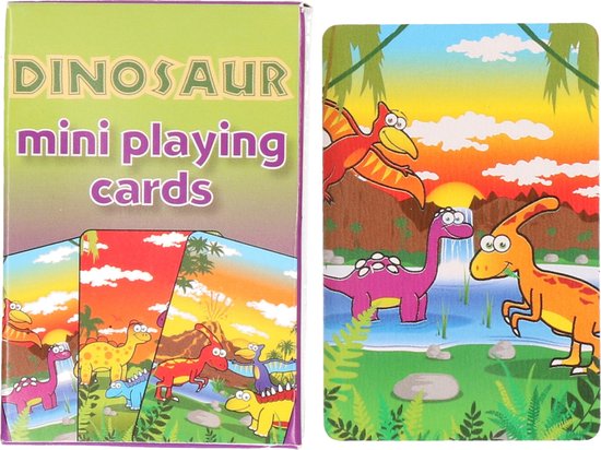 Thumbnail van een extra afbeelding van het spel Mini dinosaurussen thema speelkaarten 6 x 4 cm in doosje van karton - Handig formaatje kleine kaartspelletjes