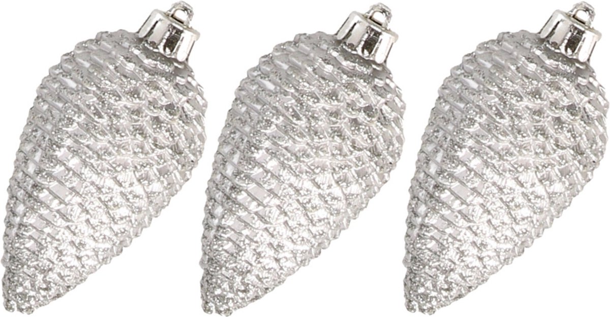 Decoris Kersthangers dennenappels - 6x st - zilver - glitter - 8 cm - kunststof - kerstversiering