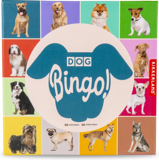 Bordspel: Kikkerland Dog Bingo - 54 honden rassen - 12 bingokarten - Reisspel - Pocket spel - Voor maximaal 12 spelers, van het merk Kikkerland