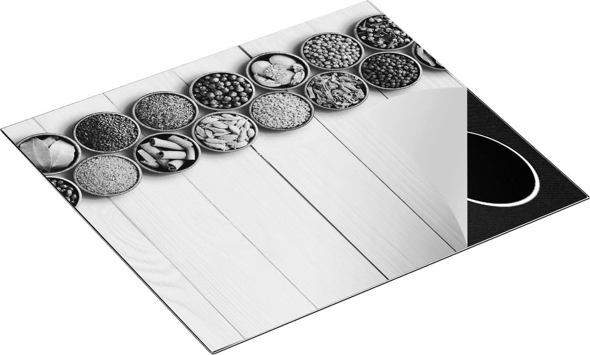 Chefcare Inductie Beschermer Kruidenbakjes op een Houten Tafel - Zwart Wit - 60x55 cm - Afdekplaat Inductie - Kookplaat Beschermer - Inductie Mat