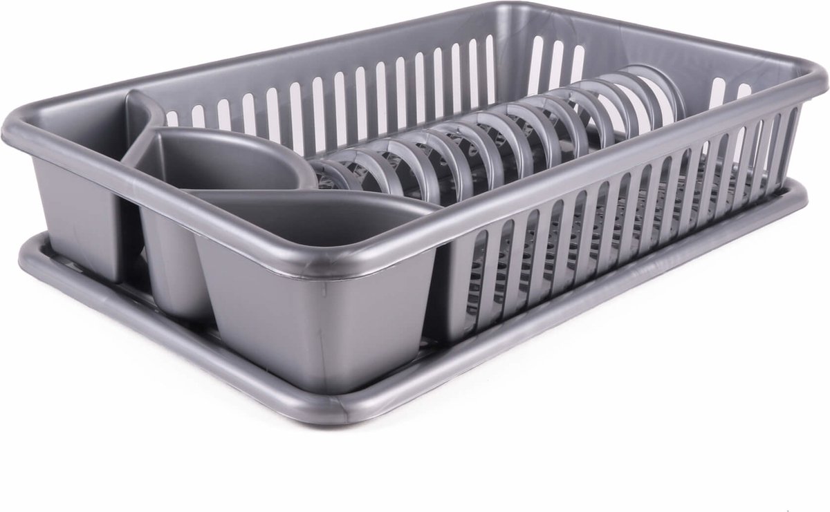 Goedkoopste Benson Grijs kunststof afwasrek - ruimtebesparend ontwerp - met lekbak - 43 cm