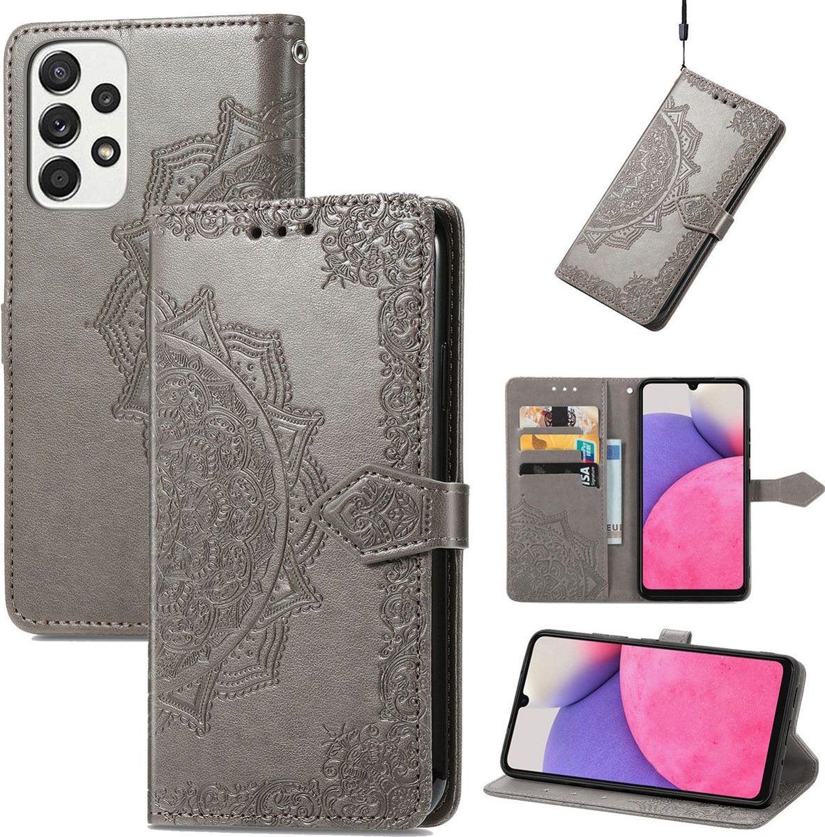 Mobigear Telefoonhoesje geschikt voor Samsung Galaxy A33 Hoesje | Mobigear Mandala Bookcase Portemonnee | Pasjeshouder voor 3 Pasjes | Telefoonhoesje voor Pinpas / OV Kaart / Rijbewijs - Grijs