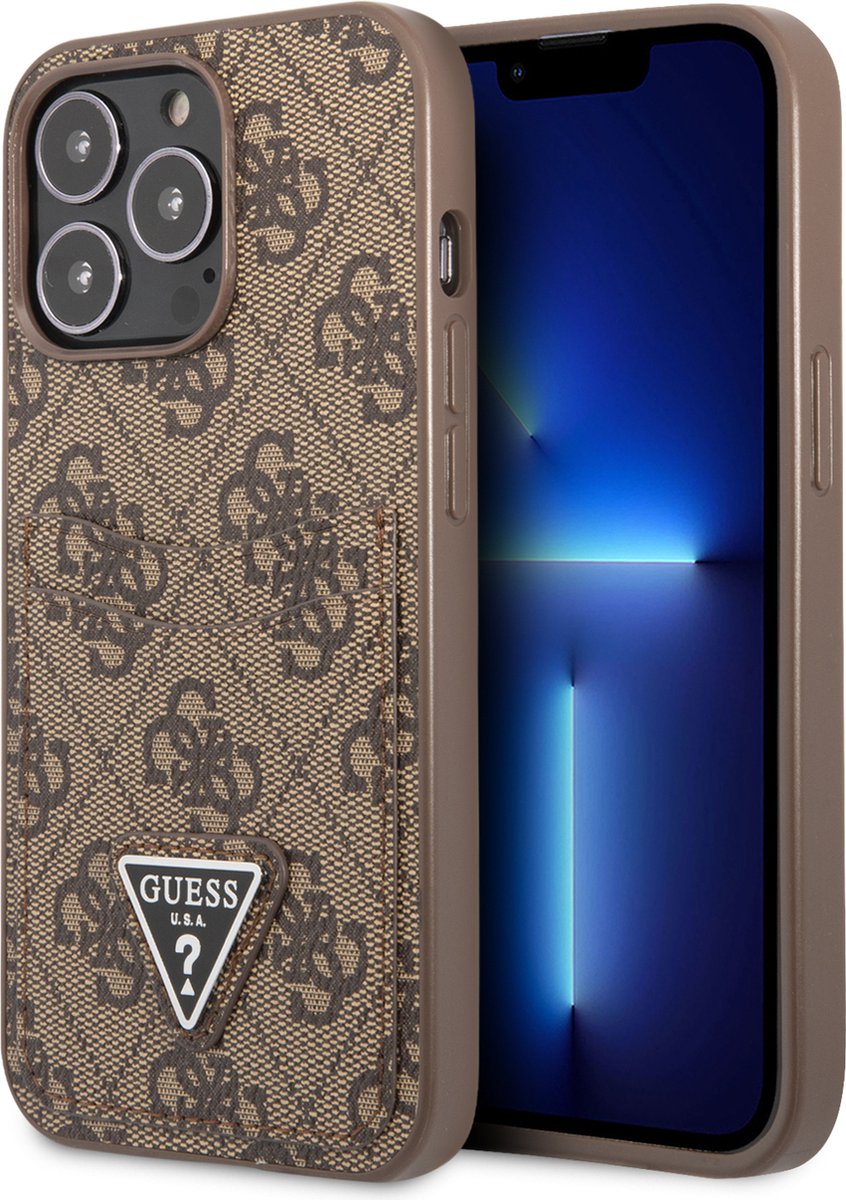 Guess Saffiano geschikt voor iPhone 13 Pro Max kaarthouder hoesje - Bruin