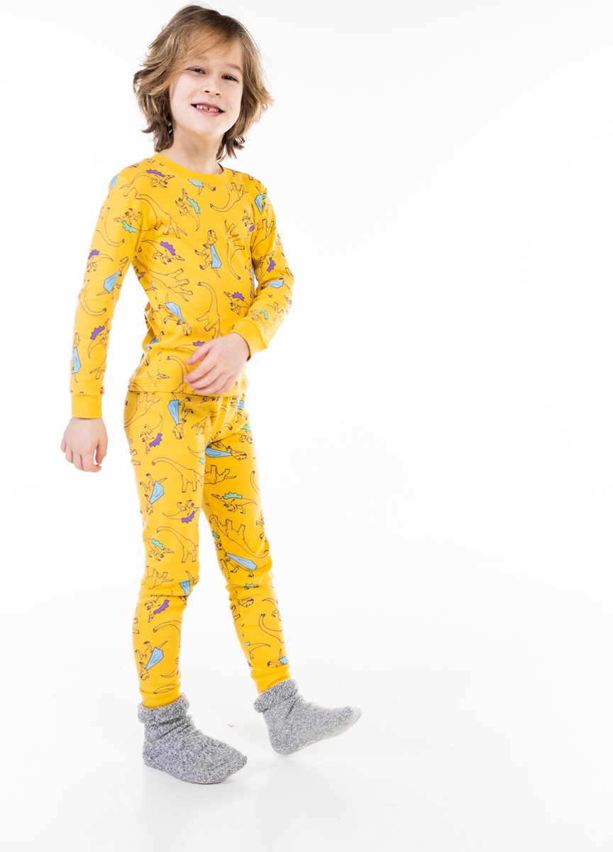 Dino Pyjama voor kinderen - Geel - 100% Katoen - Super Comfortabel