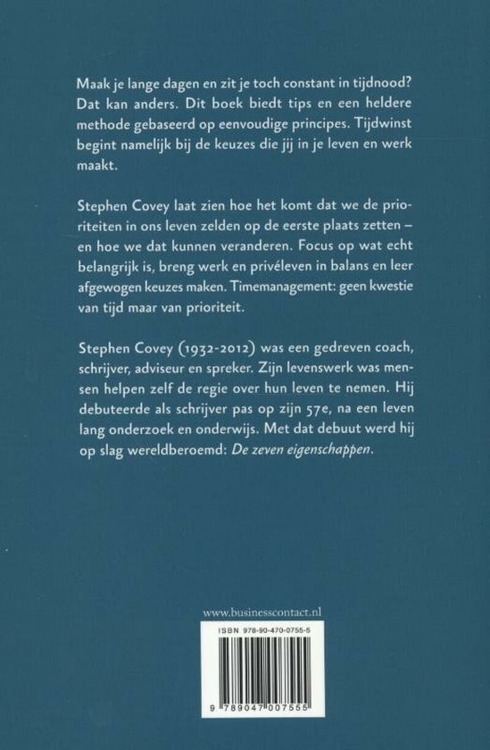 Achterkant van een boek met tekst over tijdmanagement en een QR-code. ISBN 978-90-470-0755-5.