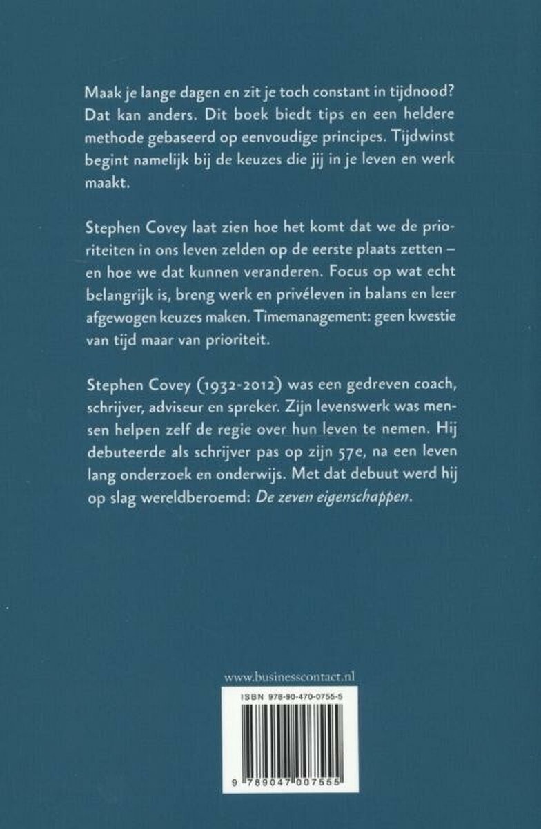 Achterkant van een boek met tekst over tijdmanagement en een QR-code. ISBN 978-90-470-0755-5.