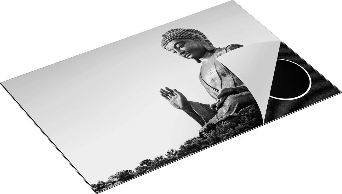 Chefcare Inductie Beschermer Groot Boeddha Beeld in het Bos - Zwart Wit - 81,2x52 cm - Afdekplaat Inductie - Kookplaat Beschermer - Inductie Mat