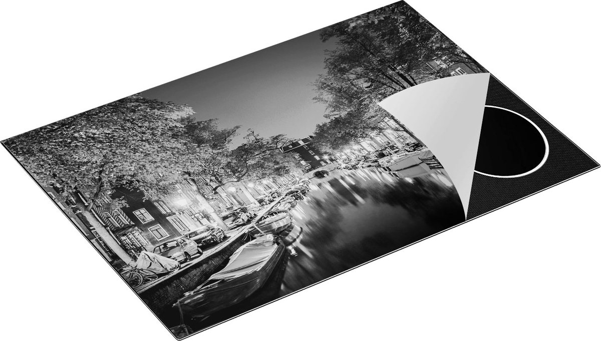 Chefcare Inductie Beschermer Amsterdamse Gracht in de Nacht - Zwart Wit - 76x51,5 cm - Afdekplaat Inductie - Kookplaat Beschermer - Inductie Mat