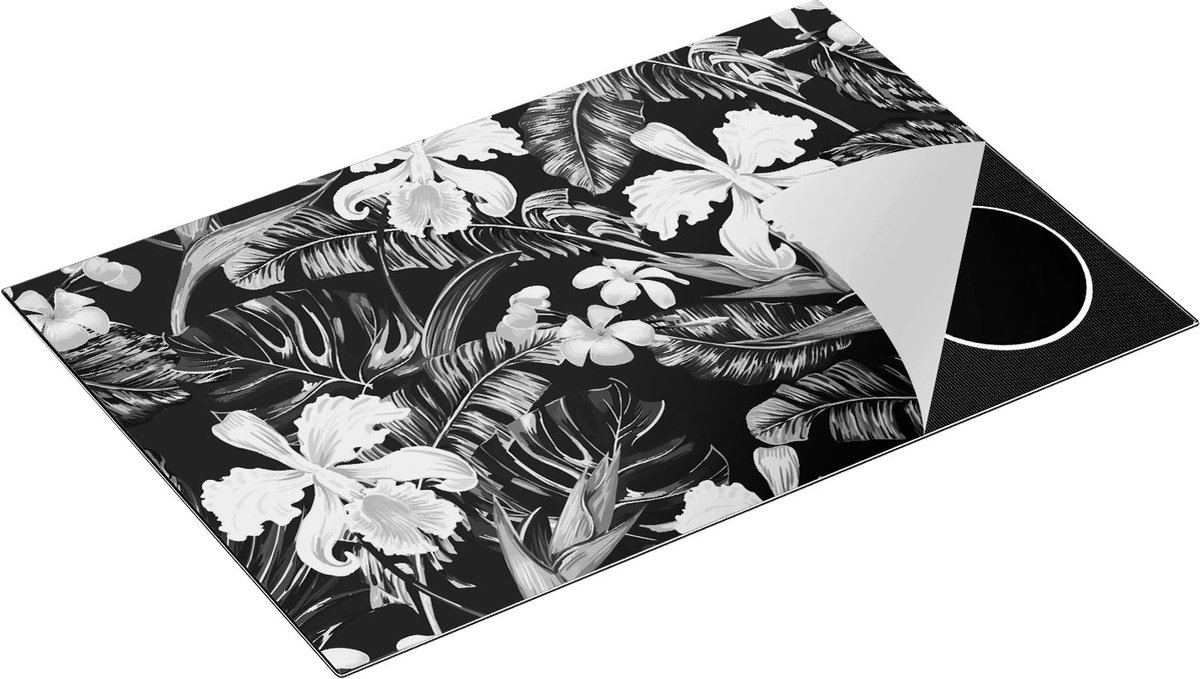 Chefcare Inductie Beschermer Getekende Tropische Bloemen - Abstract - Zwart Wit - 80x55 cm - Afdekplaat Inductie - Kookplaat Beschermer - Inductie Mat