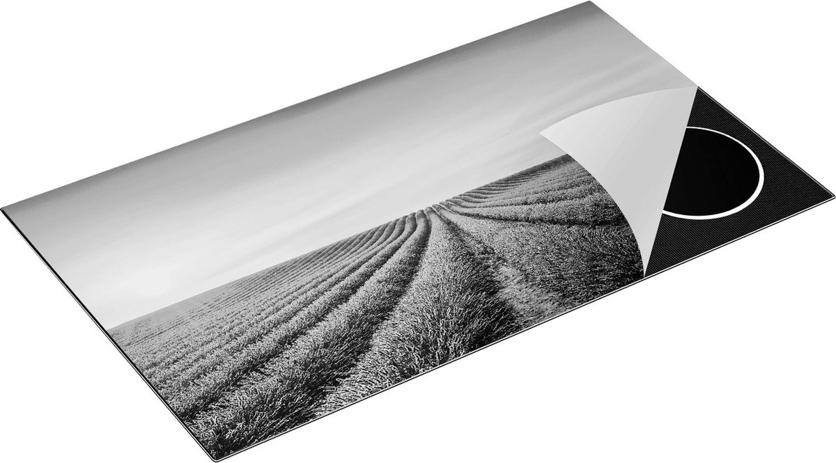 Chefcare Inductie Beschermer Paarse Lavendel Bloemenveld - Zwart Wit - 90x50 cm - Afdekplaat Inductie - Kookplaat Beschermer - Inductie Mat
