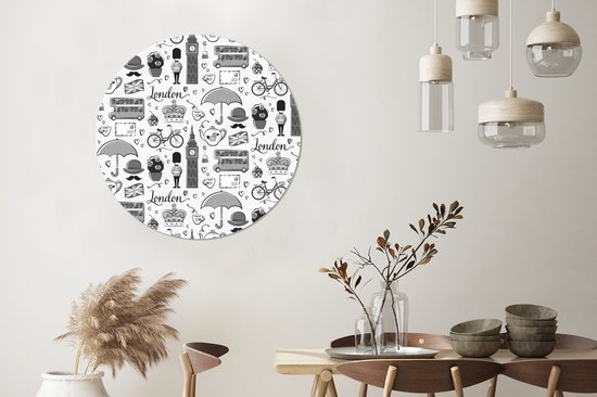 WallCircle - Cercle mural - Cercle mural intérieur - Motif d'illustrations de la ville de Londres - noir et blanc - 90x90 cm - Décoration murale - Peintures ronds